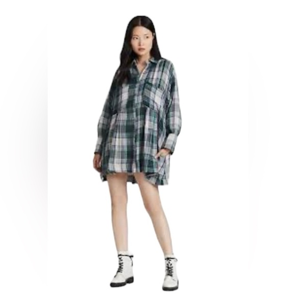 Free People The Voyage Shirtdress Mini. Oversized Pink Grey Turquoise Plaid XS - Picture 11 of 16